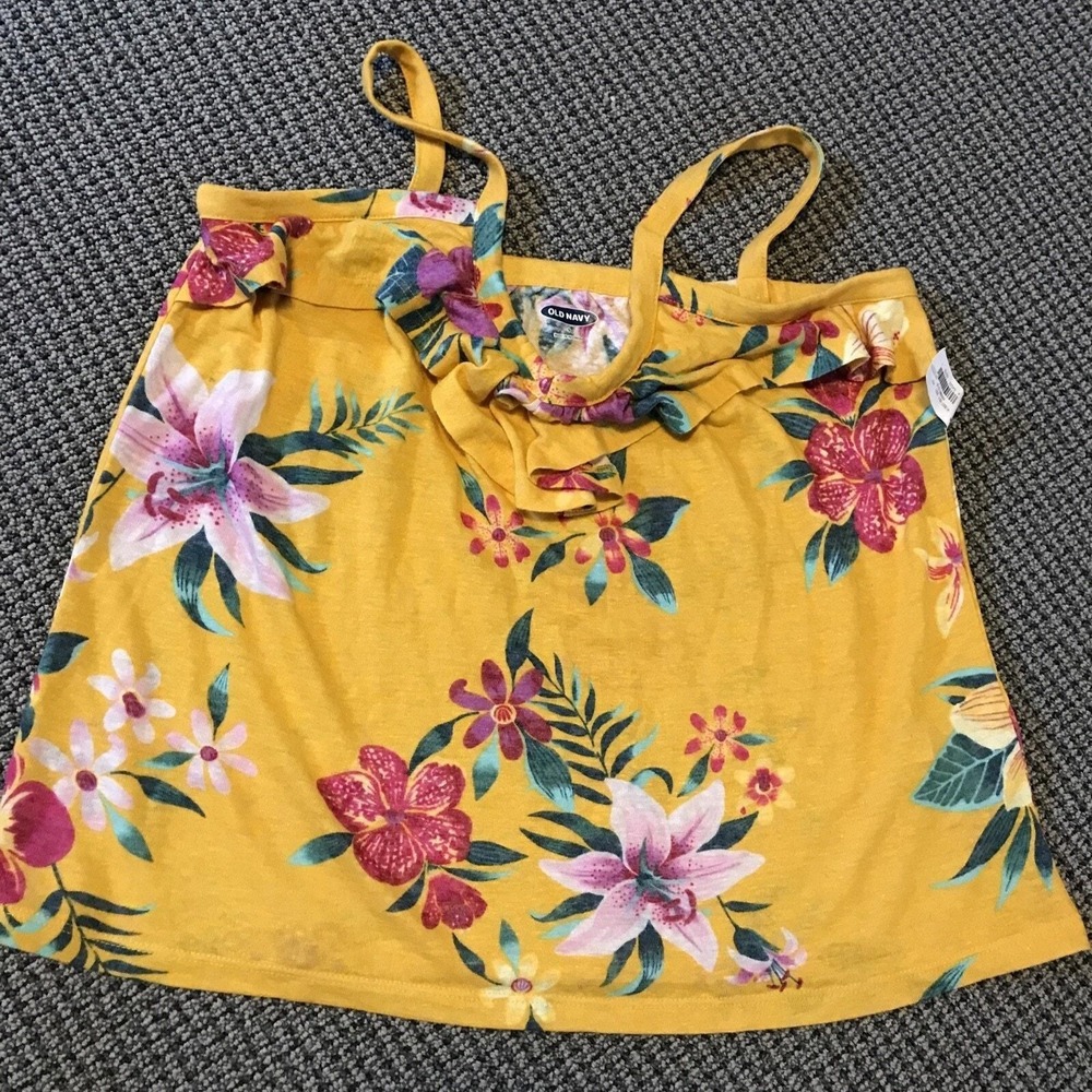Old Navy Ruffle V Neck Top‎ S Linen Jersey Knit Yellow Floral Tank NWT Small